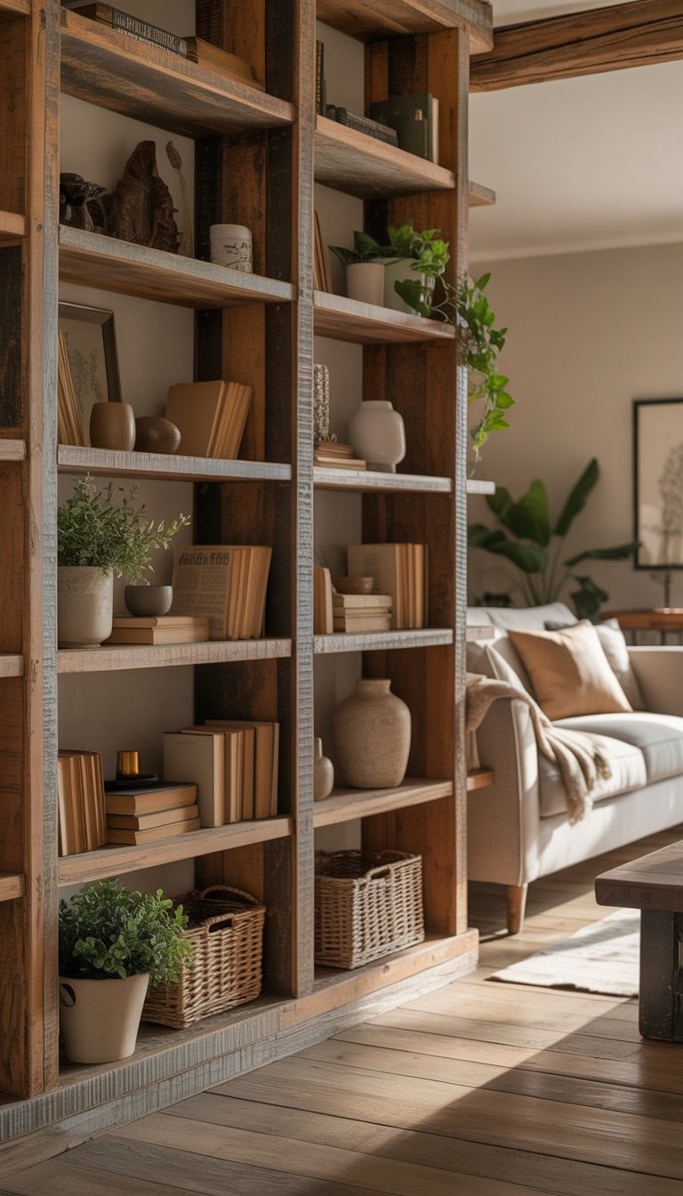 Living room with open wooden shelves holding books, plants, and decorative items next to a sofa.