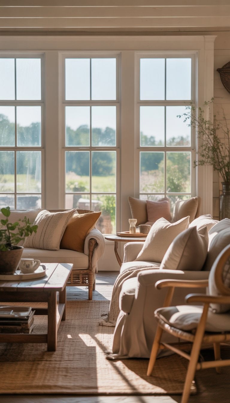A bright living room with a large white-trimmed window letting in natural light, showing comfortable seating and wooden furniture.