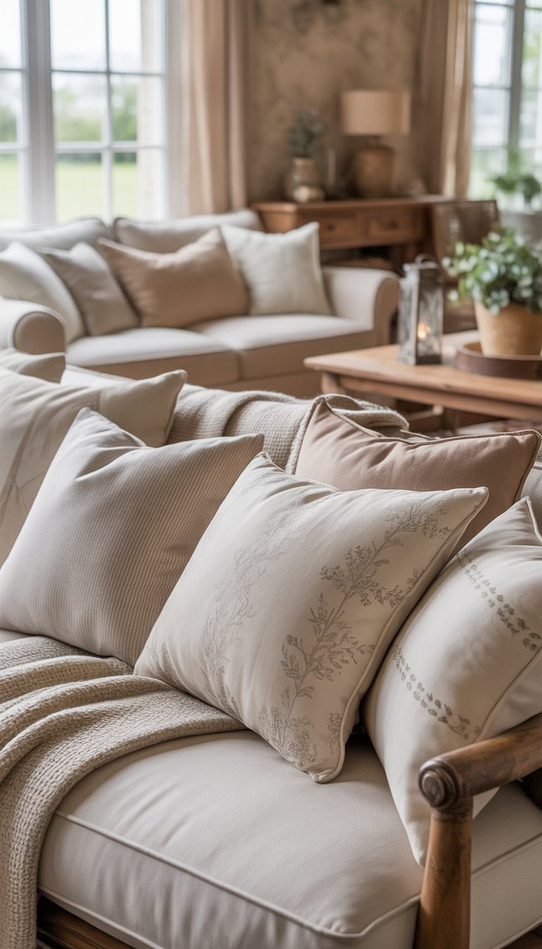 A cozy living room with a sofa featuring neutral-colored patterned cushions, wooden furniture, and natural light coming through windows.