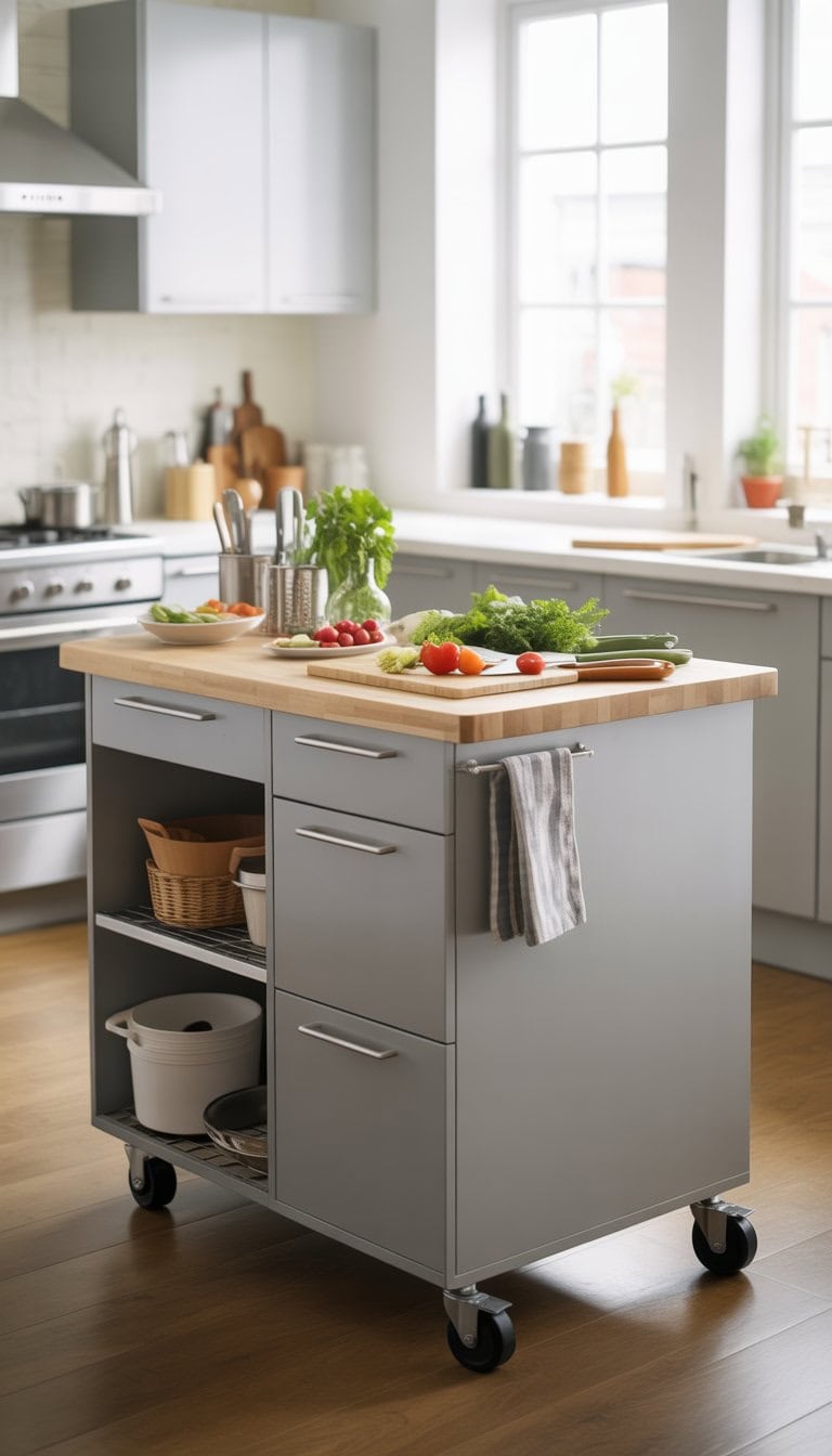 A kitchen island on wheels used as a mobile prep station with vegetables and utensils on the countertop in a modern kitchen.