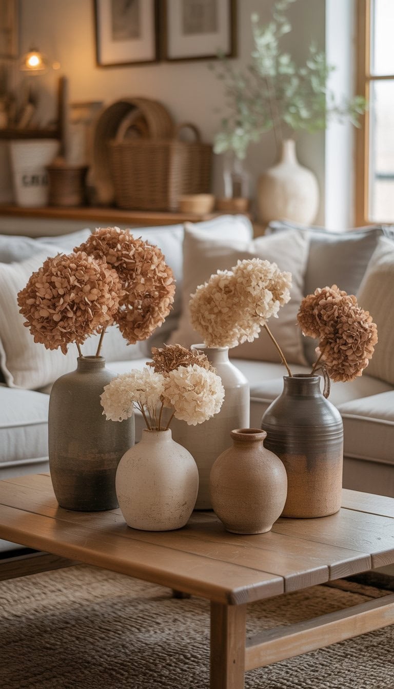 Rustic ceramic vases filled with dried hydrangeas arranged on a wooden table in a cozy living room.