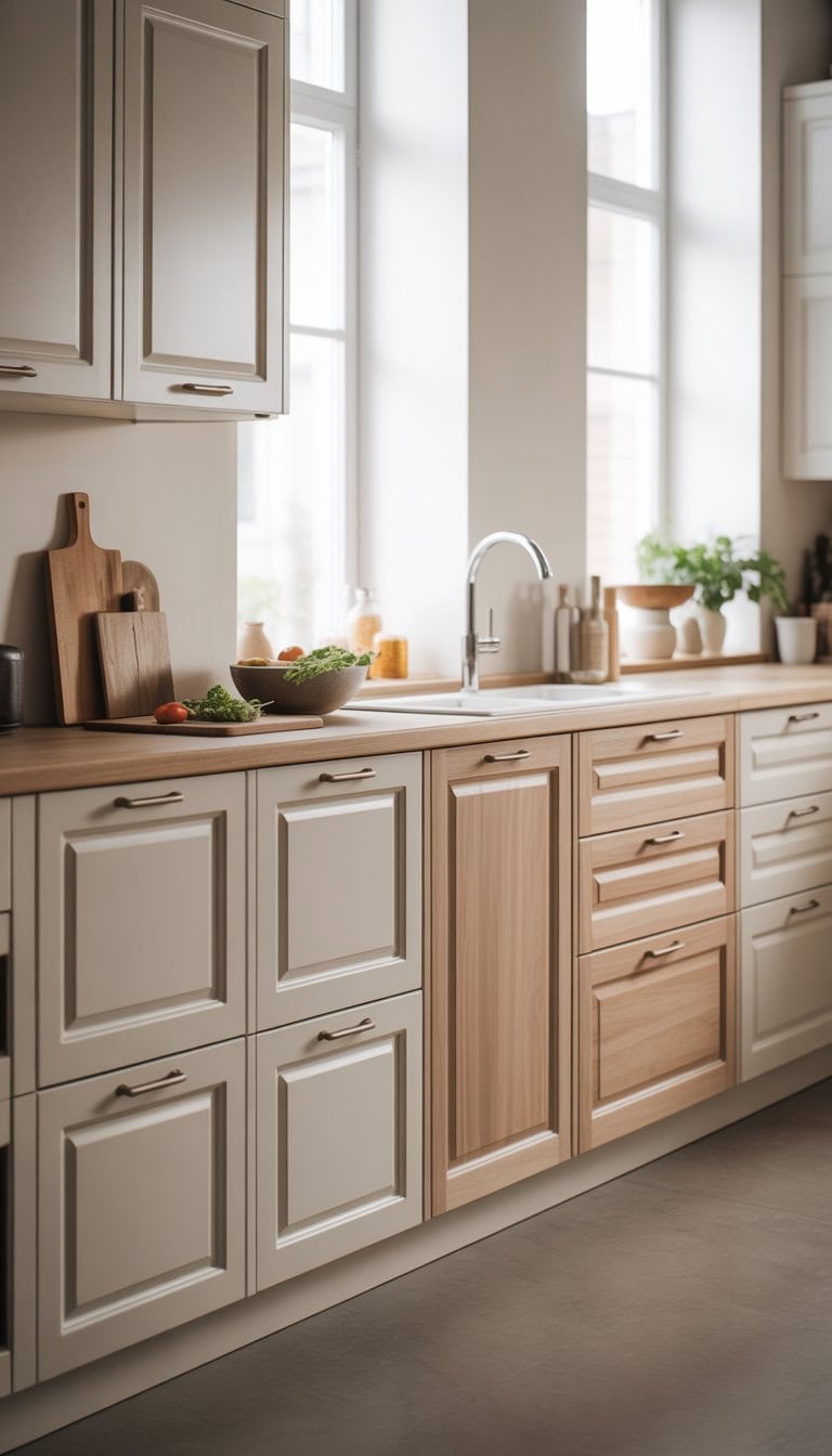 A modern kitchen with custom cabinet doors on IKEA SEKTION cabinets, featuring a clean countertop and natural light.