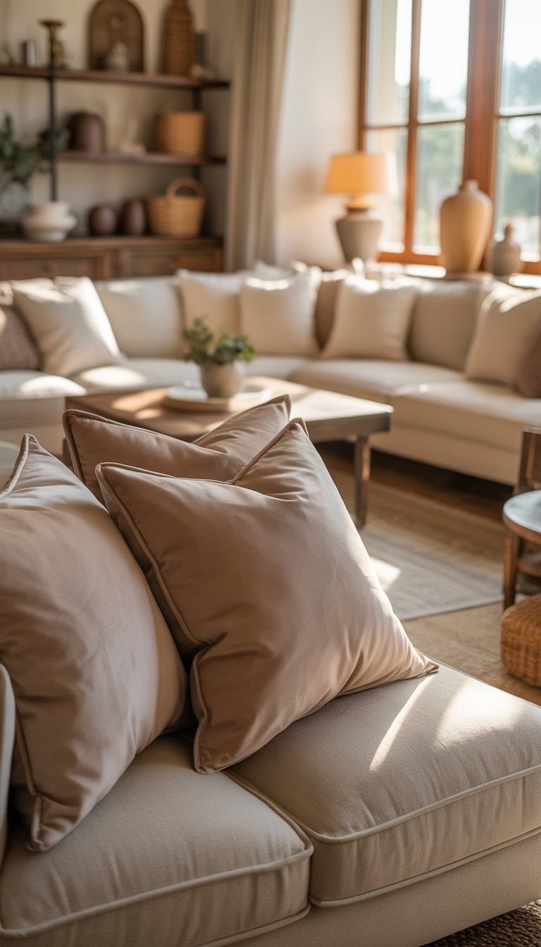 A living room with soft beige velvet pillows on a sofa, wooden furniture, and natural light coming through windows.