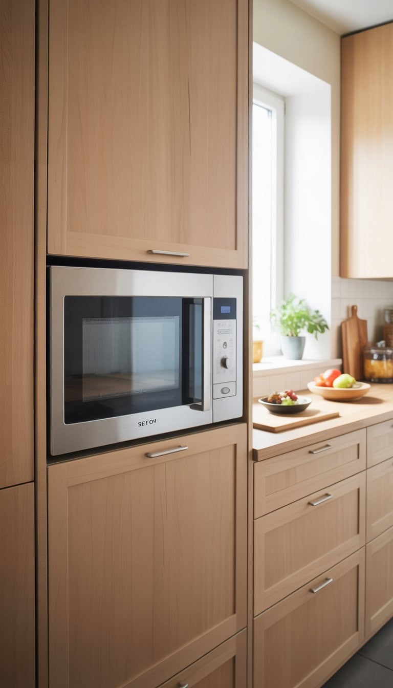 A modern kitchen with a built-in microwave installed in a custom wooden cabinet, surrounded by matching cabinetry and countertop accessories.