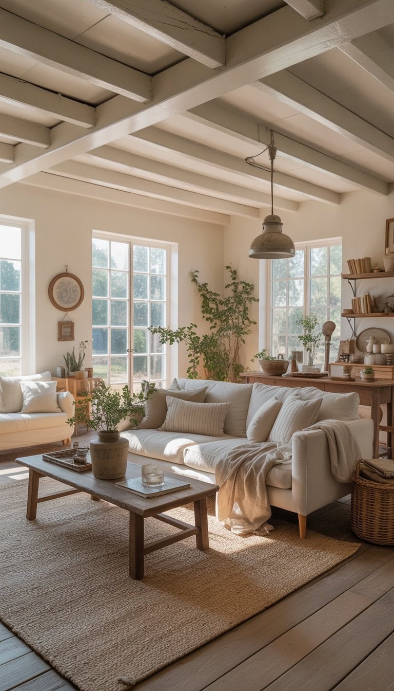 A bright living room with white ceiling beams, a sofa, coffee table, plants, and large windows letting in natural light.