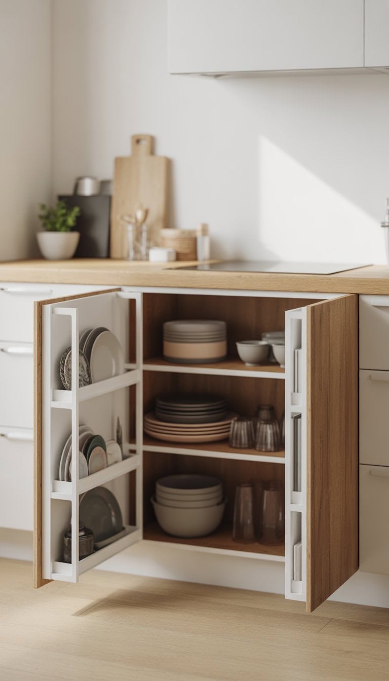 Open kitchen cabinet made from IKEA side panels showing organized dishes and kitchen items inside.