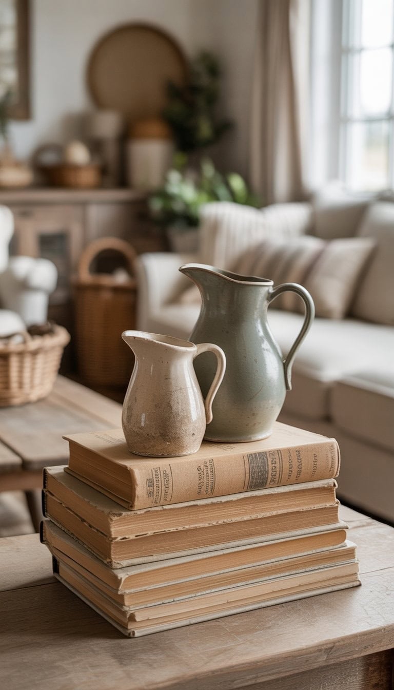 Stacked books with two vintage ceramic pitchers on top, placed in a cozy living room setting with rustic furniture and natural light.