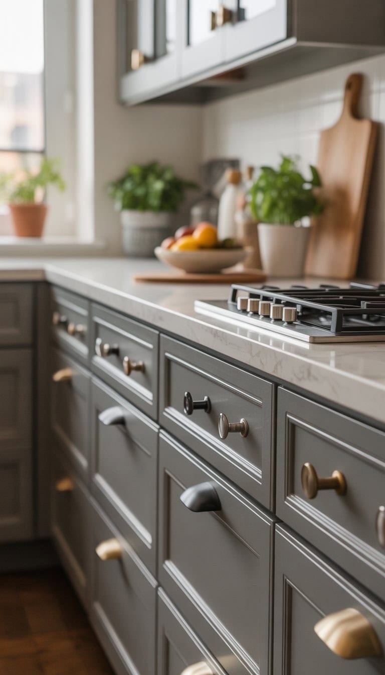 Close-up of kitchen cabinets and drawers with new stylish knobs and handles in a bright kitchen setting.