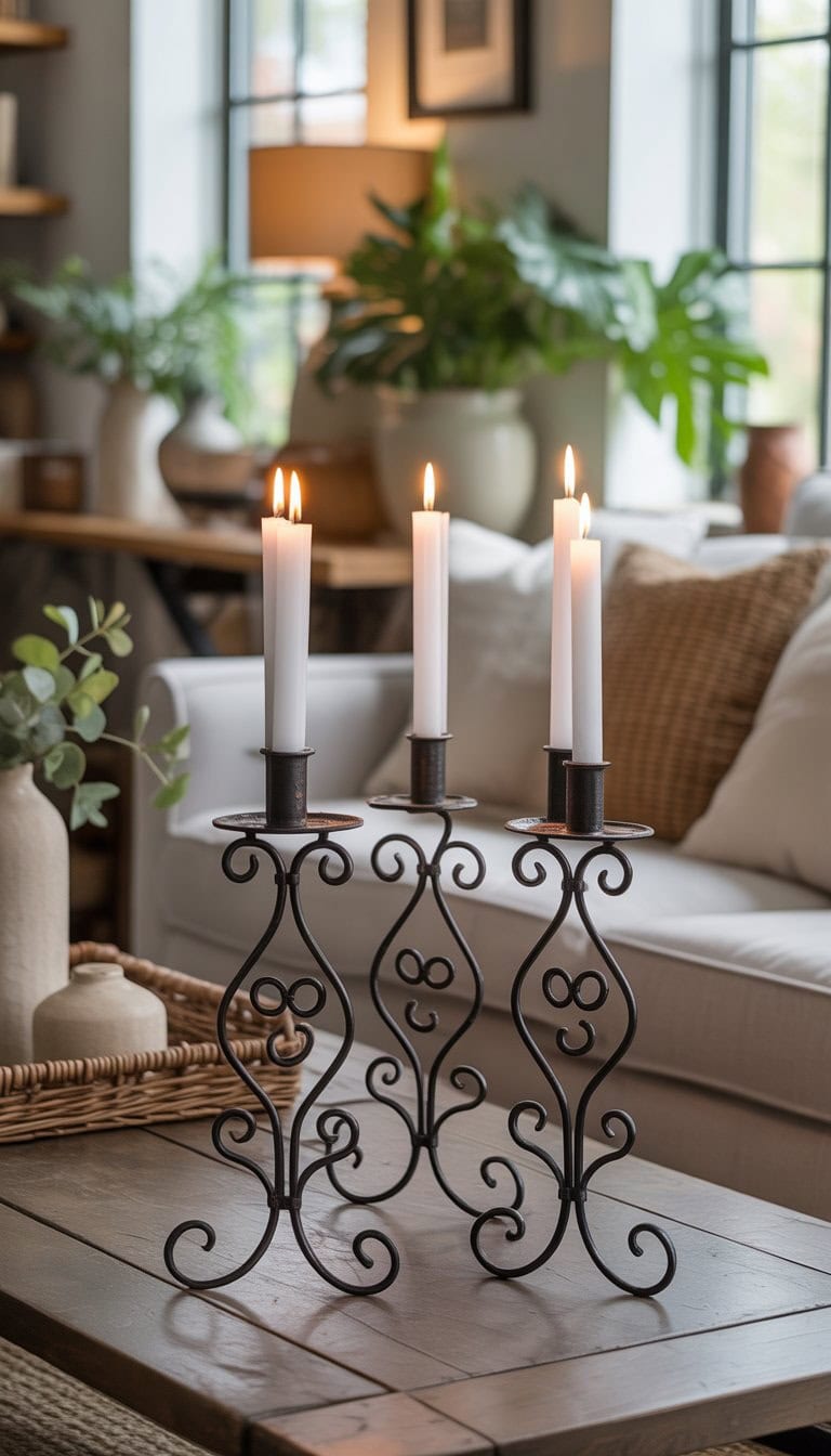 Black wrought-iron candle holders with lit white candles on a table in a living room with sofas, wooden furniture, plants, and natural light.