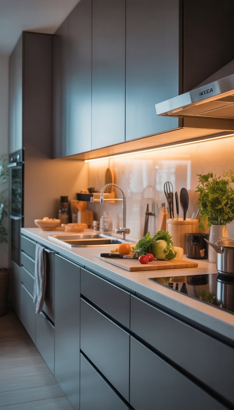 A modern kitchen with under-cabinet lighting illuminating the countertop workspace with cooking utensils and fresh vegetables.