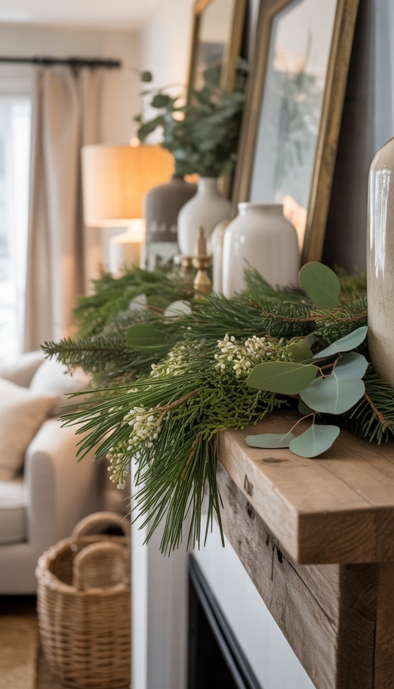 A wooden mantel decorated with seasonal greenery in a cozy living room.