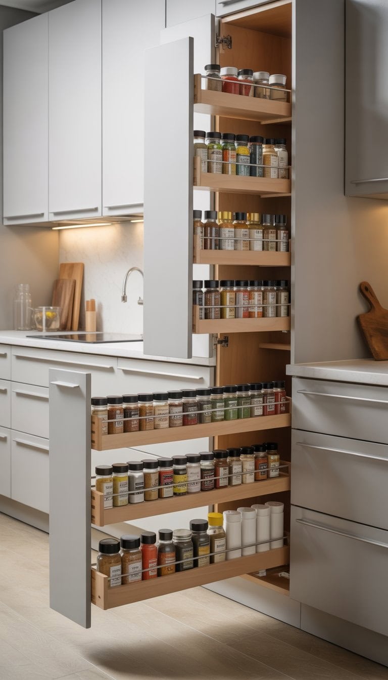 A modern kitchen cabinet with pull-out spice racks neatly organized with spice jars inside.