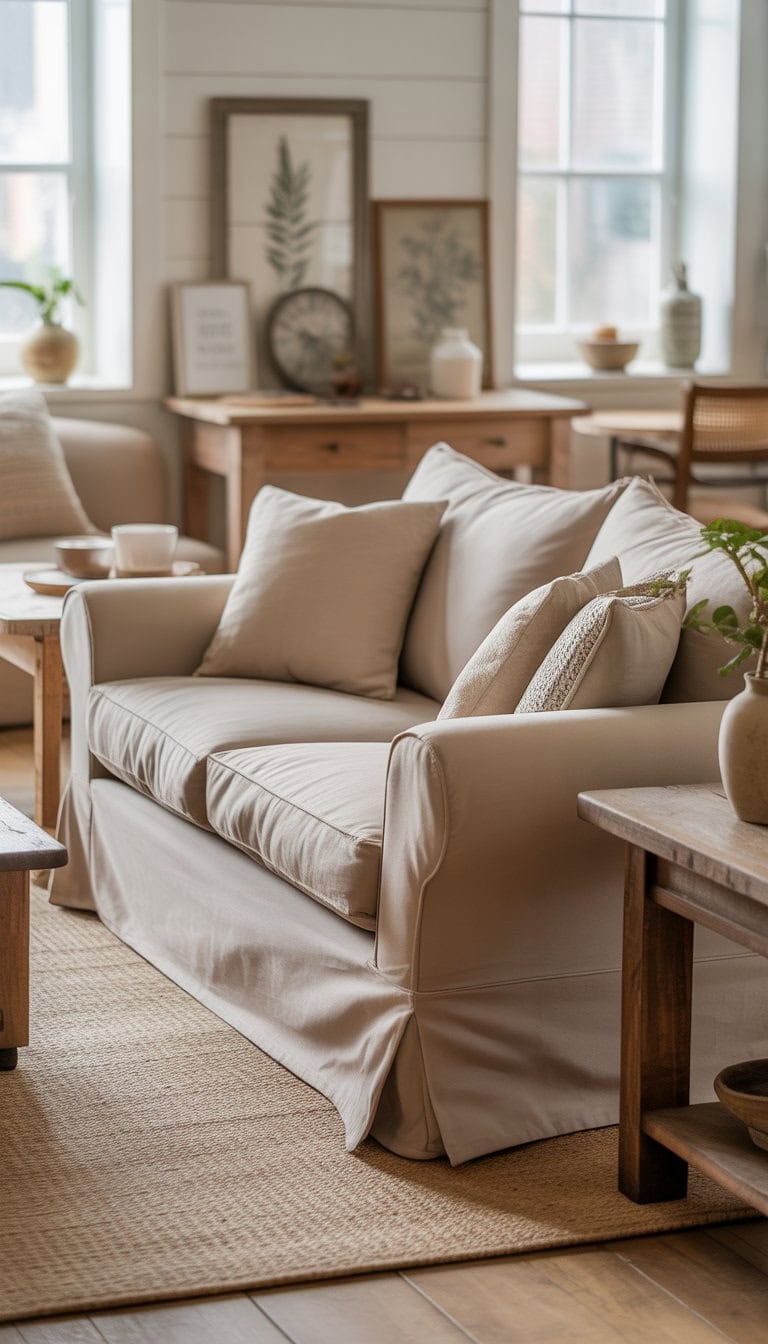A bright living room with a neutral slipcovered sofa, wooden furniture, and soft natural light coming through large windows.