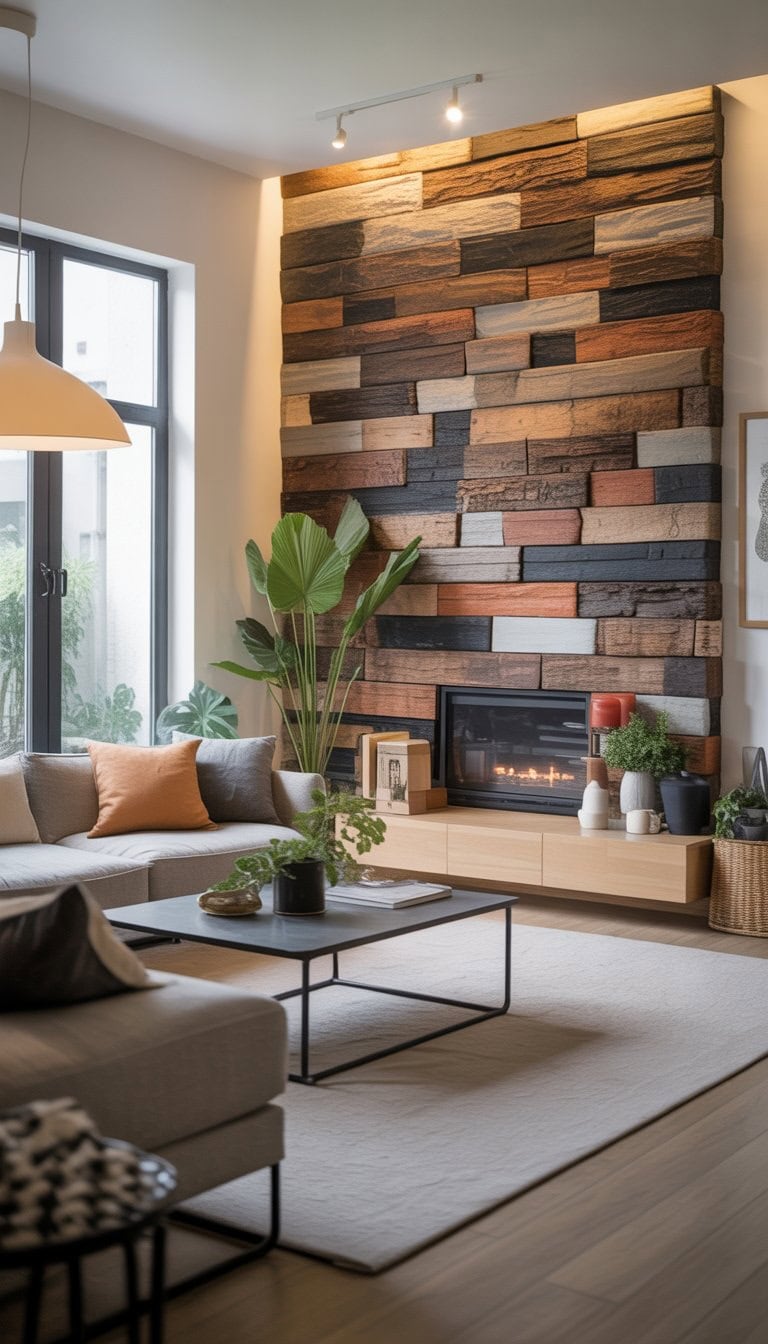 A living room with a striking accent wall, a sofa, coffee table, plants, and large windows letting in natural light.