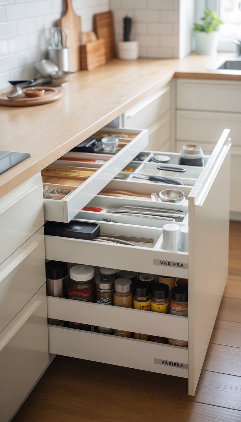 Open kitchen drawer with neatly organized utensils and containers using modular shelves.