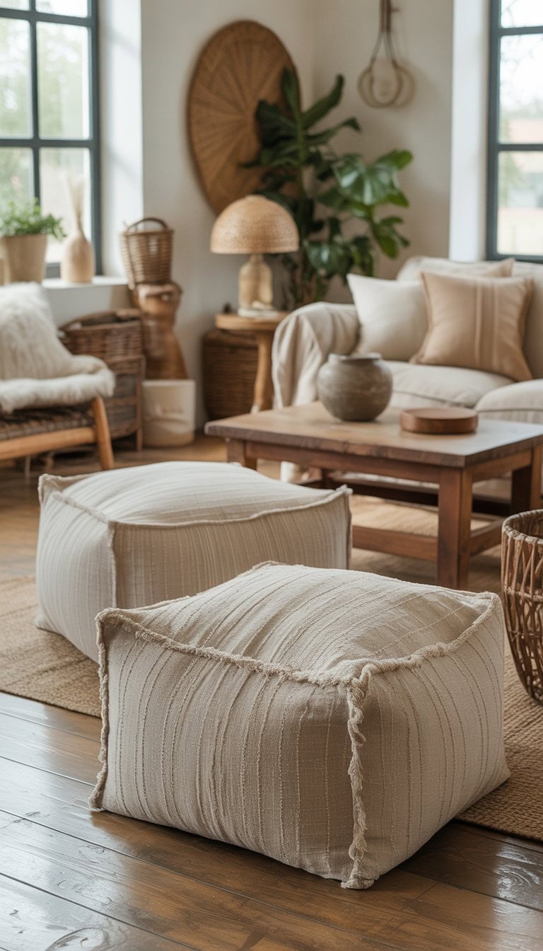 A living room with textured linen poufs used as seating, surrounded by a sofa, wooden coffee table, and plants.