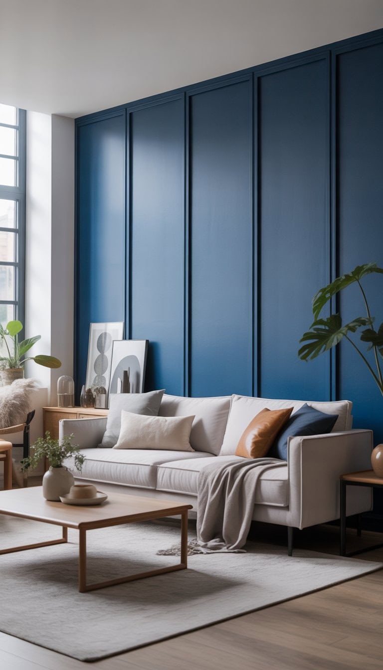 A living room with a navy blue paneled accent wall, a gray sofa, wooden coffee table, and indoor plants.