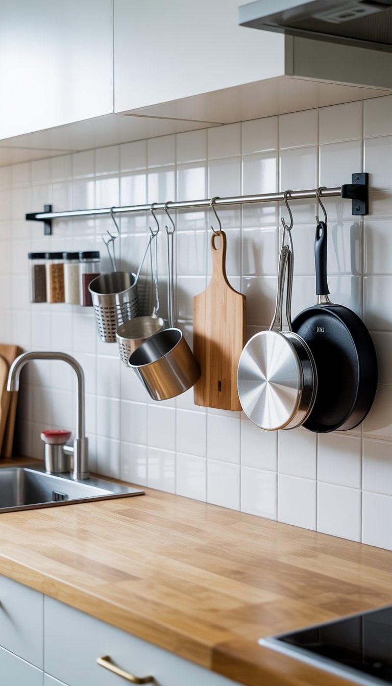 A kitchen countertop with a mounted rail holding hanging pots, pans, cutting boards, and spice jars above a sink.