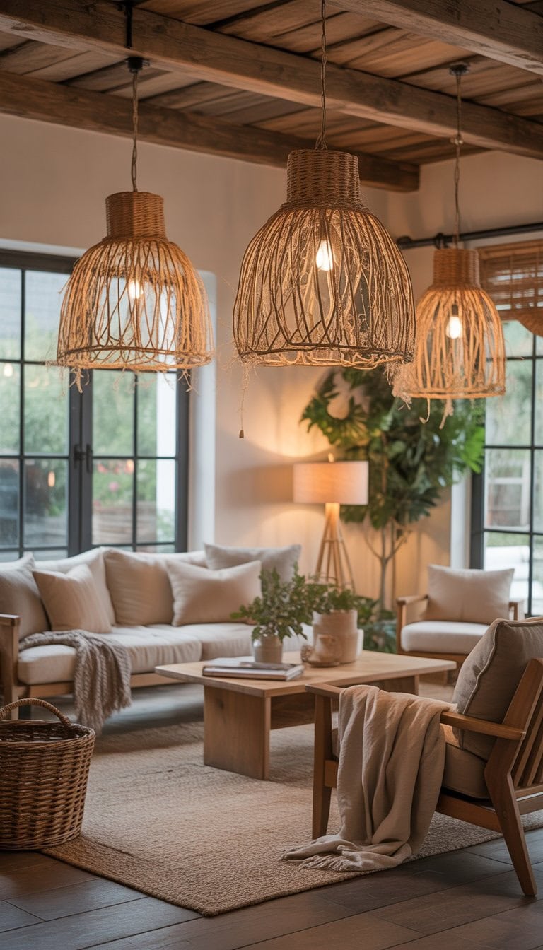 A cozy living room with woven chandeliers hanging from the ceiling, comfortable seating, wooden furniture, and natural light coming through large windows.