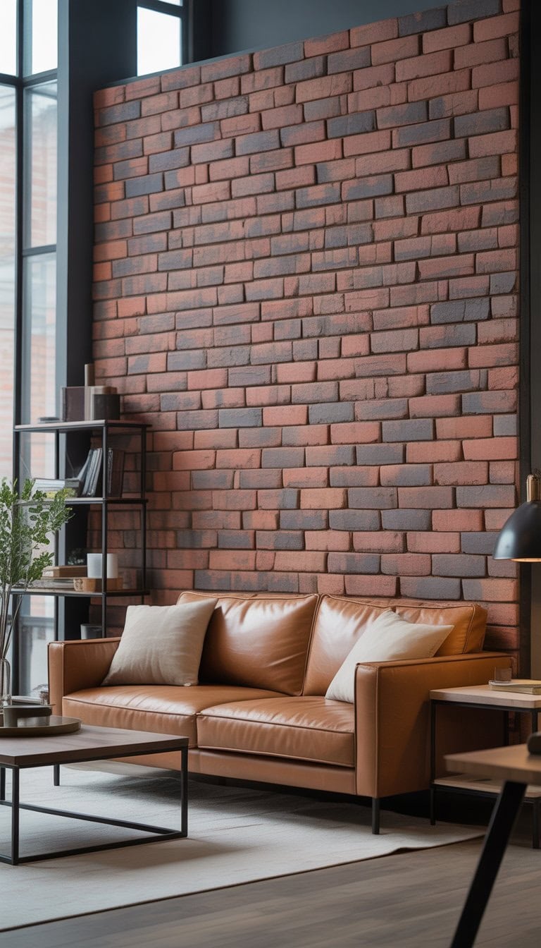Living room with a faux brick accent wall, sofa, coffee table, and natural light coming through windows.