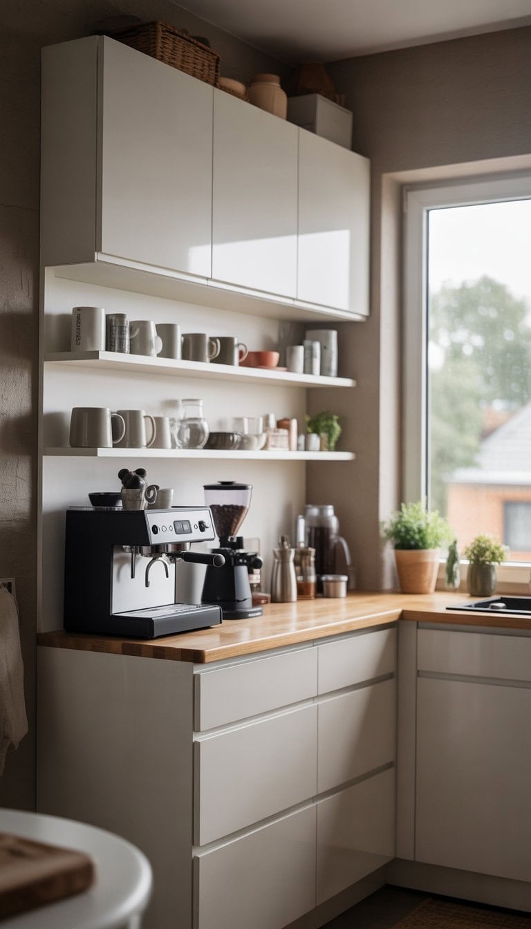 A DIY coffee bar built with IKEA kitchen cabinets, featuring coffee equipment, mugs, and plants on a light wood countertop in a bright kitchen corner.