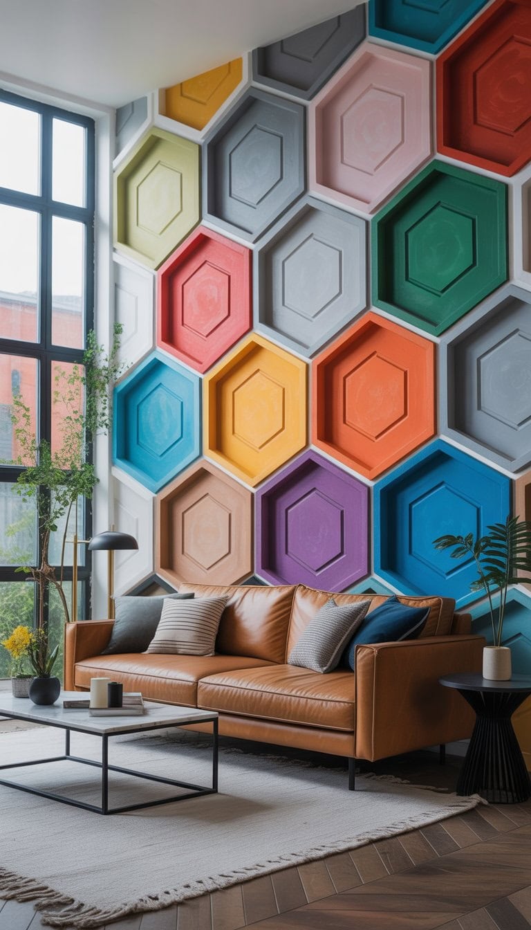 A living room with a large accent wall covered in colorful geometric hexagon patterns, furnished with a sofa, coffee table, and plants.
