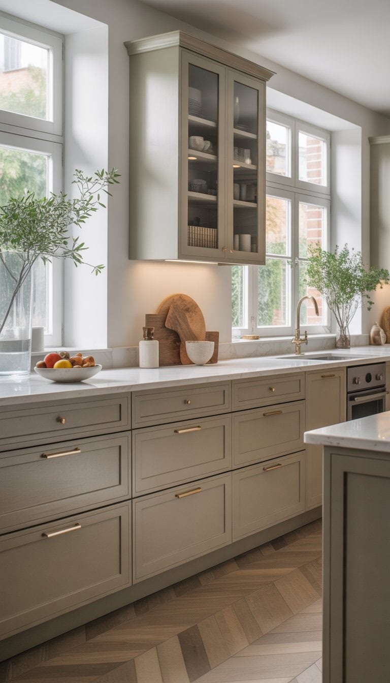 A modern kitchen with custom cabinet fronts, integrated appliances, and natural light streaming through large windows.