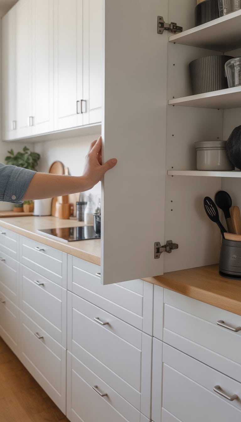 Close-up of a hand gently closing a white kitchen cabinet door with soft-close hinges in a modern kitchen.