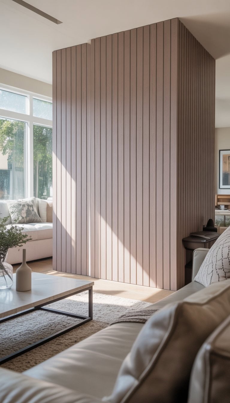 A bright living room with a vertical shiplap wooden accent wall, a sofa, coffee table, and large windows letting in natural light.