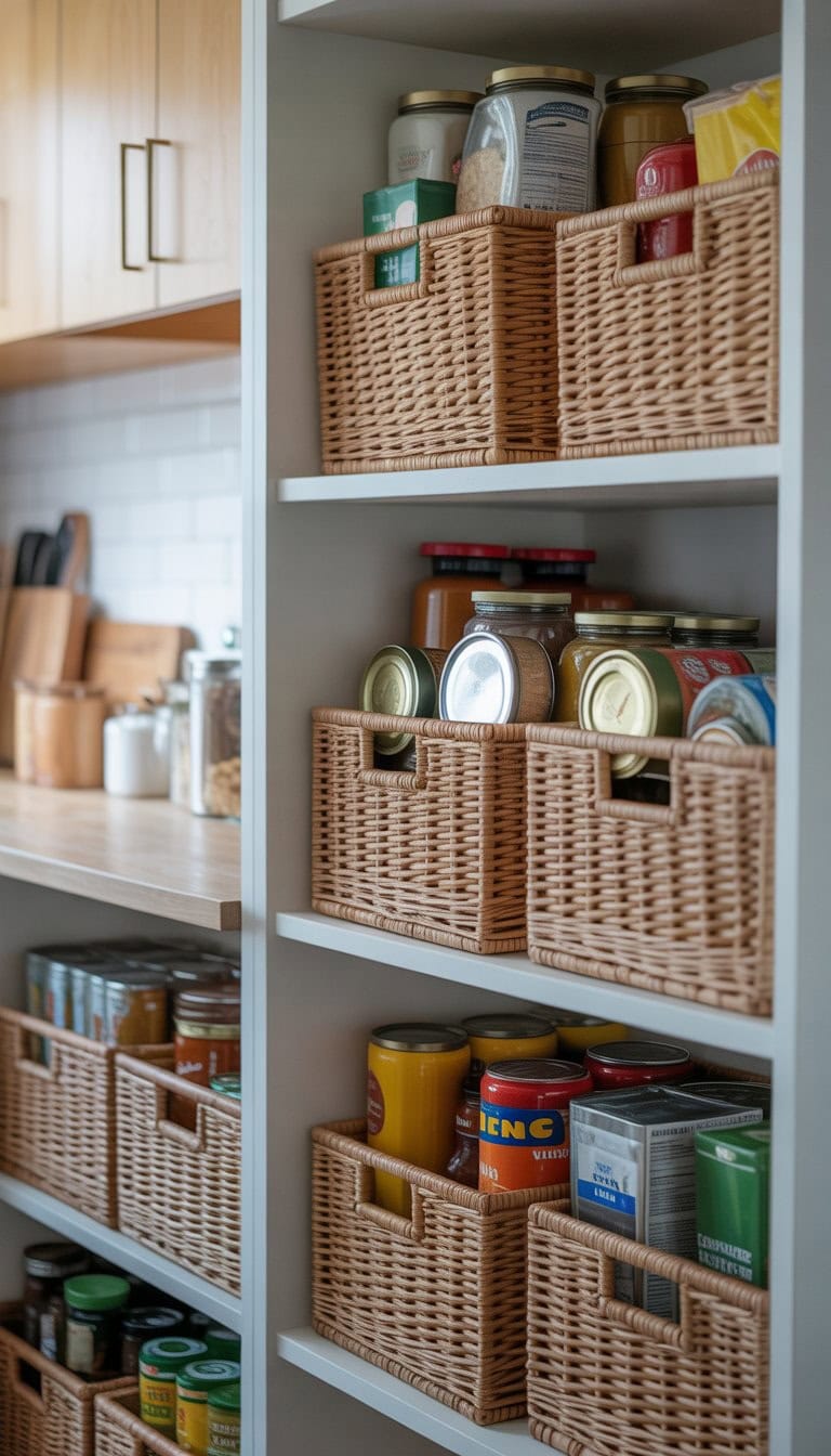 A kitchen pantry with shelves organized using IKEA woven baskets filled with food items.