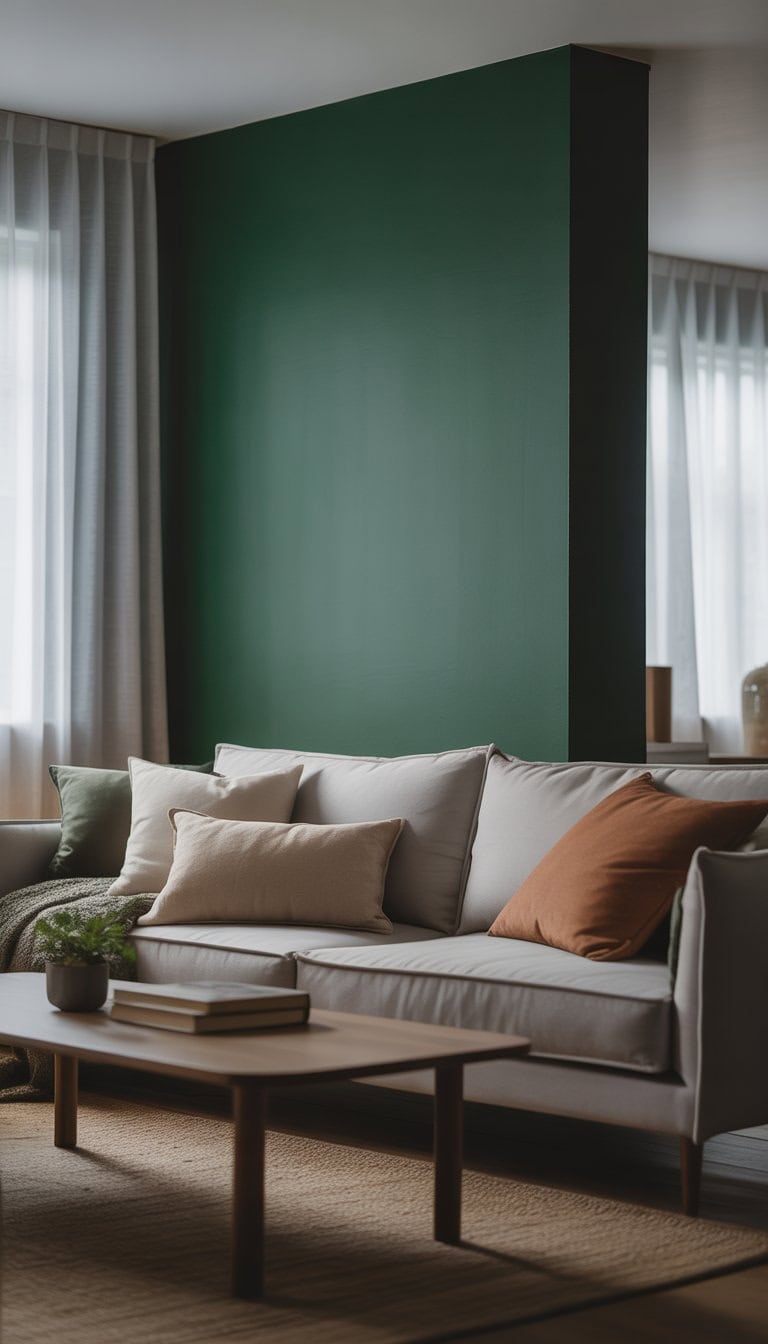 Living room with a deep green accent wall, gray sofa, wooden coffee table, and natural light coming through large windows.