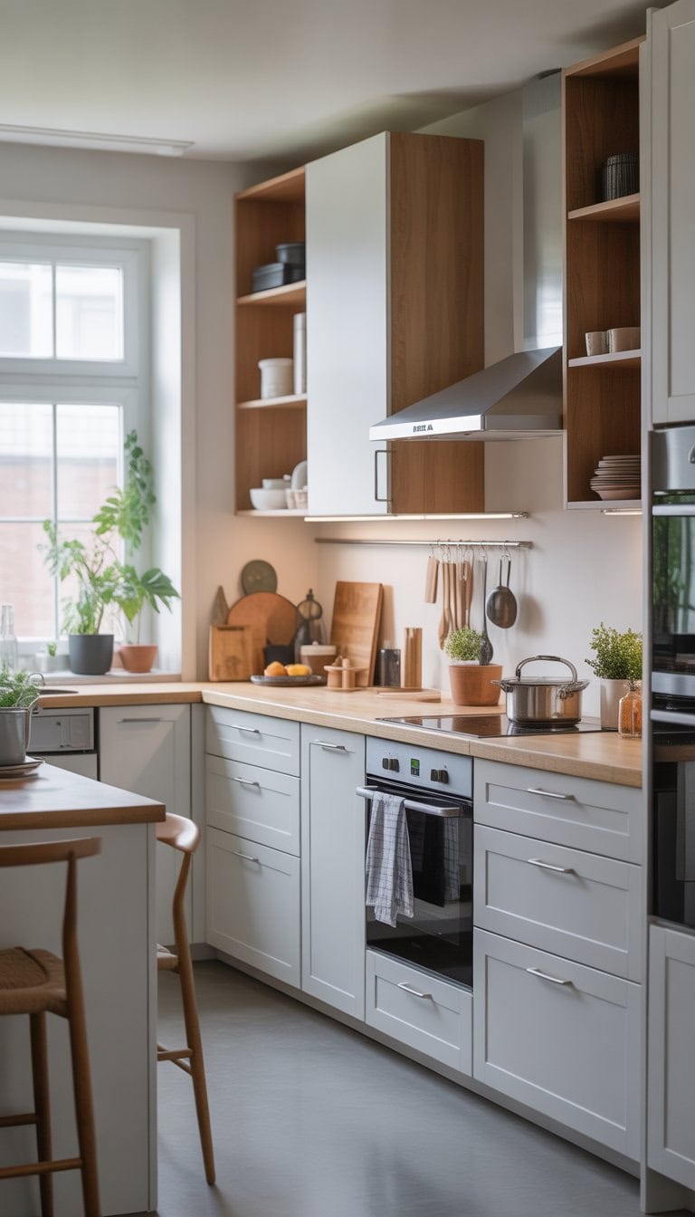 A modern kitchen with white and light wood cabinets arranged for better flow, featuring natural light, plants, and organized kitchenware.