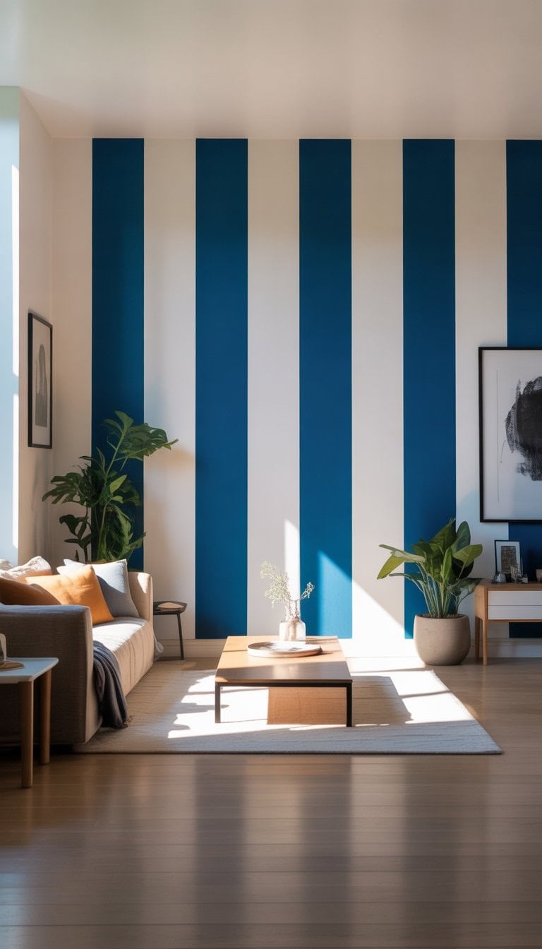 A living room with a bold striped accent wall in contrasting colors, a sofa, coffee table, plants, and natural light coming through windows.