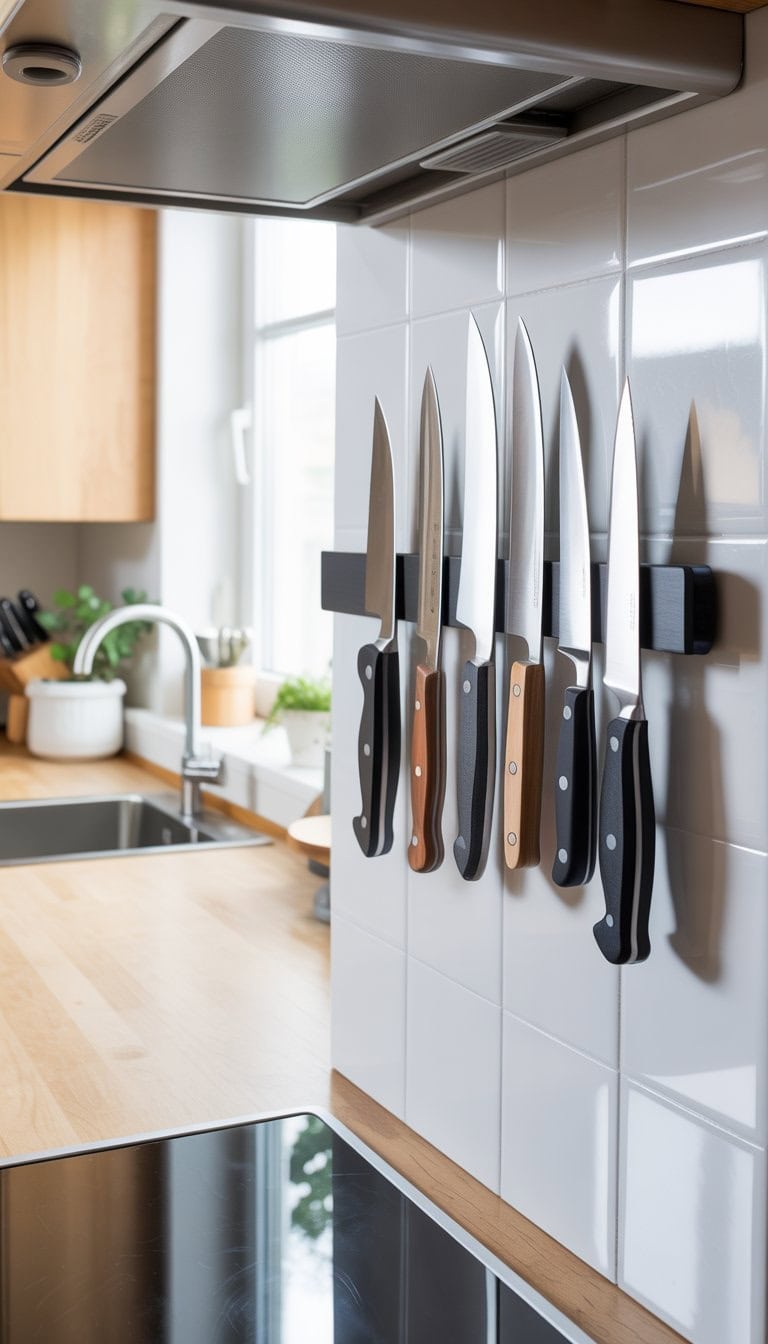 A magnetic knife holder mounted on a kitchen backsplash holding several knives in a modern kitchen.
