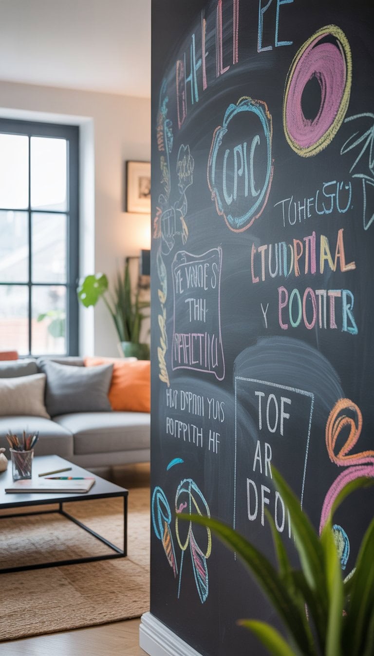 A living room with a large black chalkboard accent wall covered in colorful chalk drawings and designs, with modern furniture and plants around.