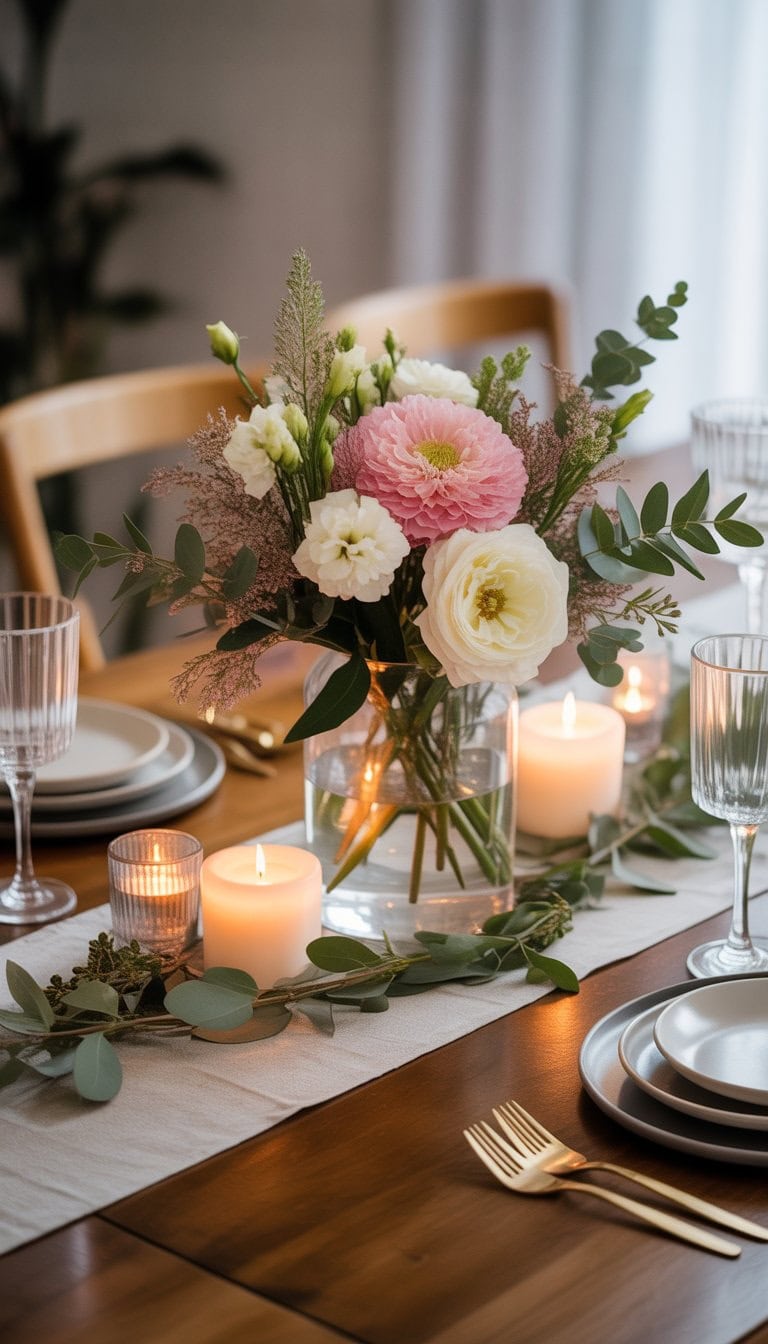 A dining table with a floral centerpiece, candles, and tableware arranged neatly.