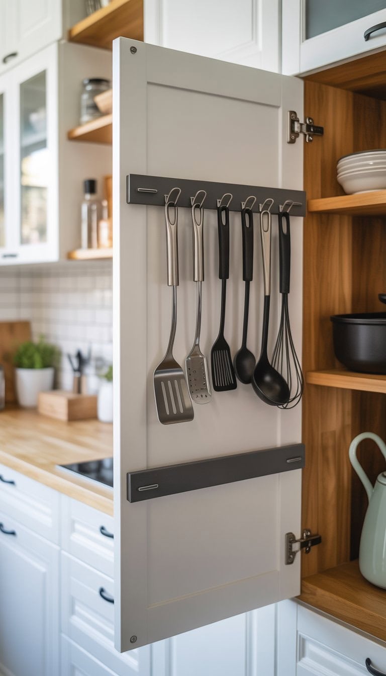 Open kitchen cabinet door with adhesive hooks holding utensils inside a tidy kitchen.