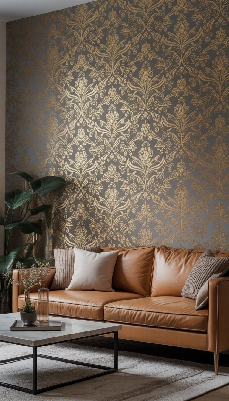 A living room with a gold patterned accent wall, sofa, coffee table, and decorative plants.