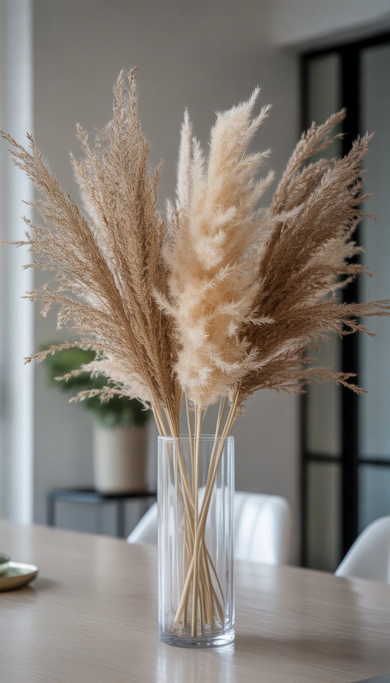A tall glass vase with dried pampas grass arranged as a centerpiece on a dining table.