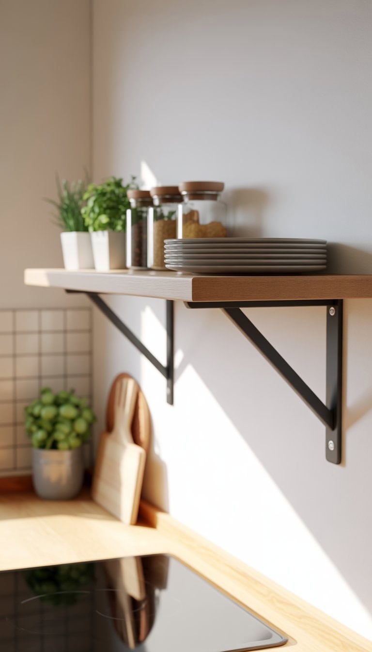 A floating shelf mounted on a white kitchen wall with kitchen items placed on it, above a countertop.