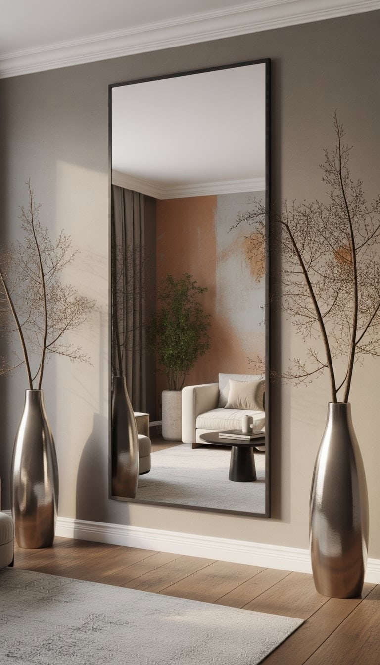 Living room with a large vertical mirror centered on an accent wall, flanked by tall decorative objects on both sides.