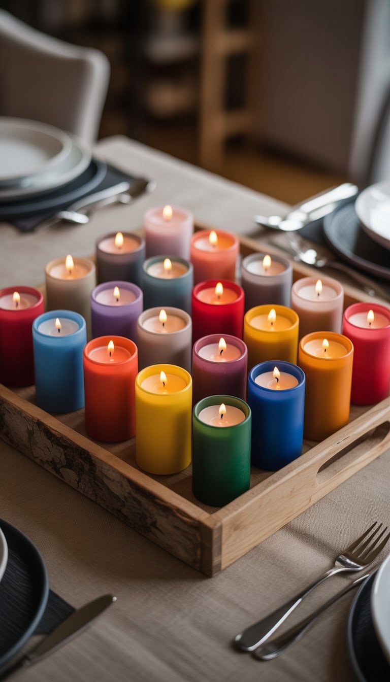 A cluster of colorful candle holders arranged on a wooden tray placed on a dining table.