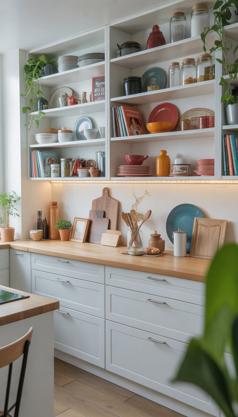 A modern kitchen with open shelving displaying kitchenware and decorative items on white cabinets.