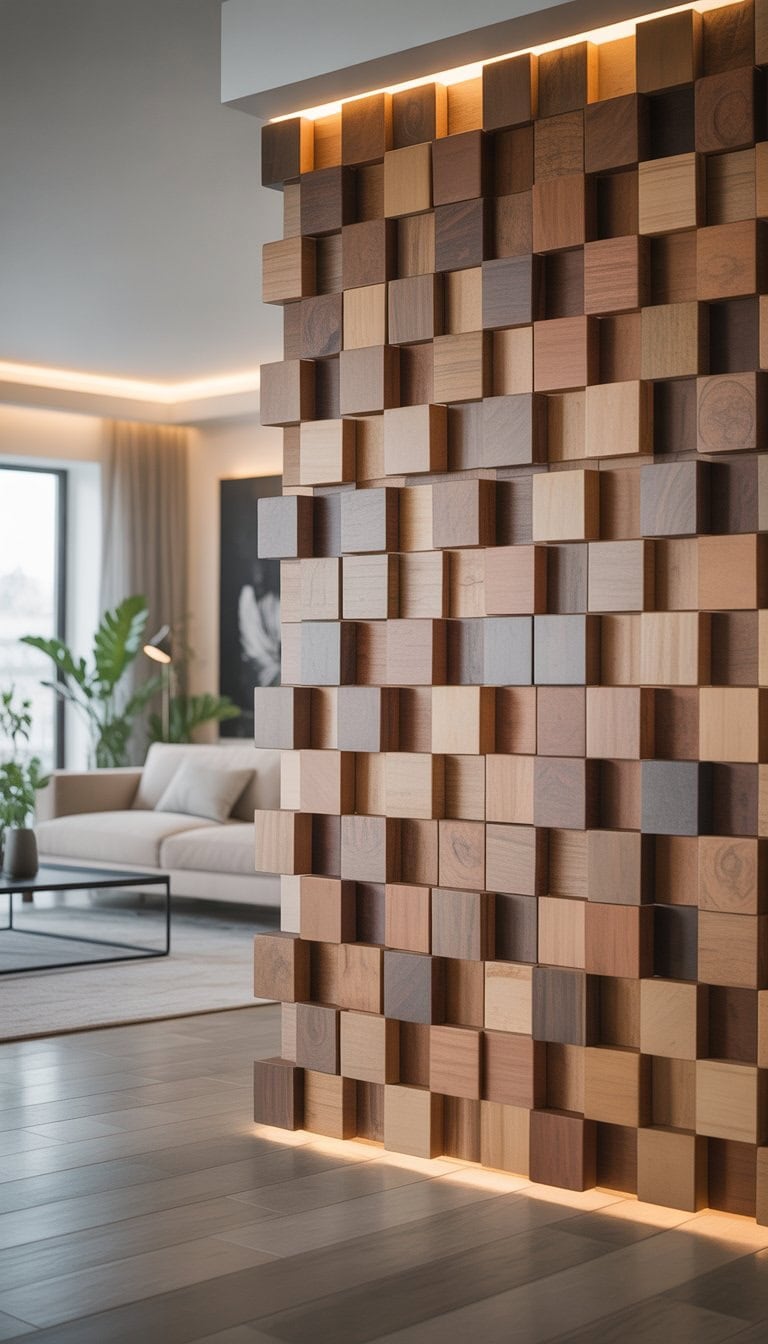 Living room with a 3D wooden cube accent wall, sofa, coffee table, and natural light from large windows.