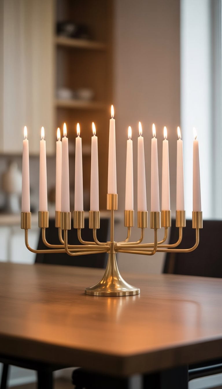 A modern brass candelabra with 19 white taper candles arranged on a dark wooden dining table.