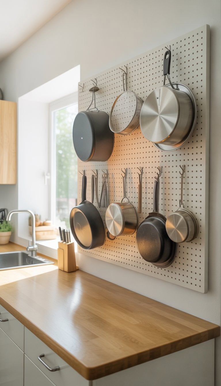 A kitchen wall with an IKEA pegboard holding various pots and pans neatly hung for organized storage.