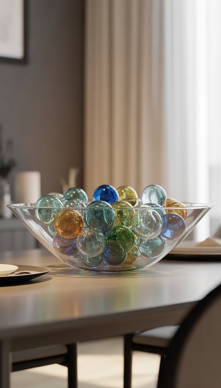 A clear glass bowl filled with colorful decorative glass balls on a wooden dining table.
