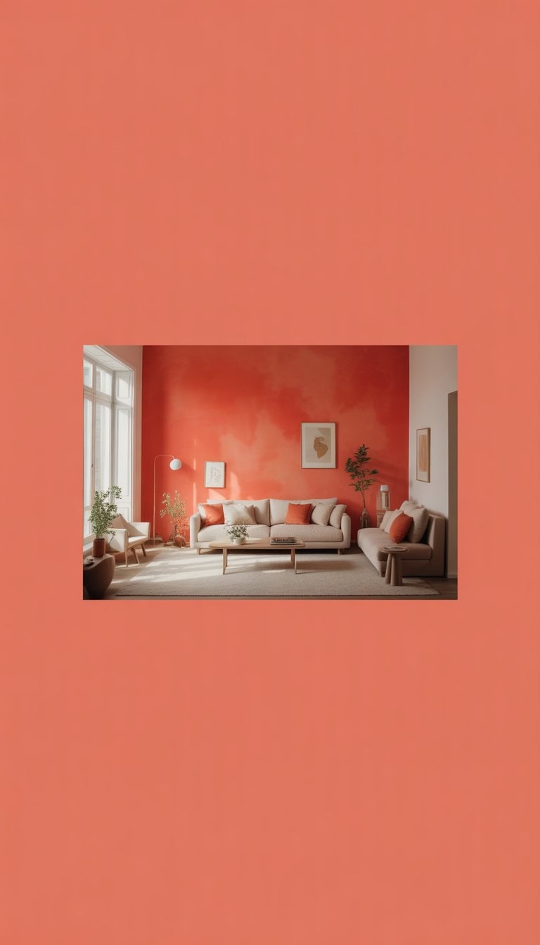 A living room with a bright coral accent wall, a modern sofa, plants, and natural light coming through large windows.