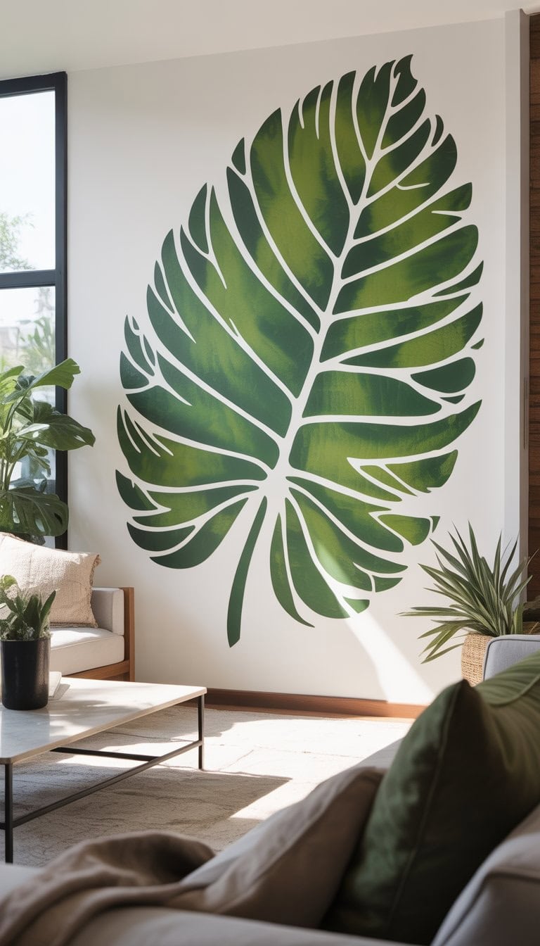 A living room with a large tropical leaf stencil design on the accent wall, featuring modern furniture and natural light.