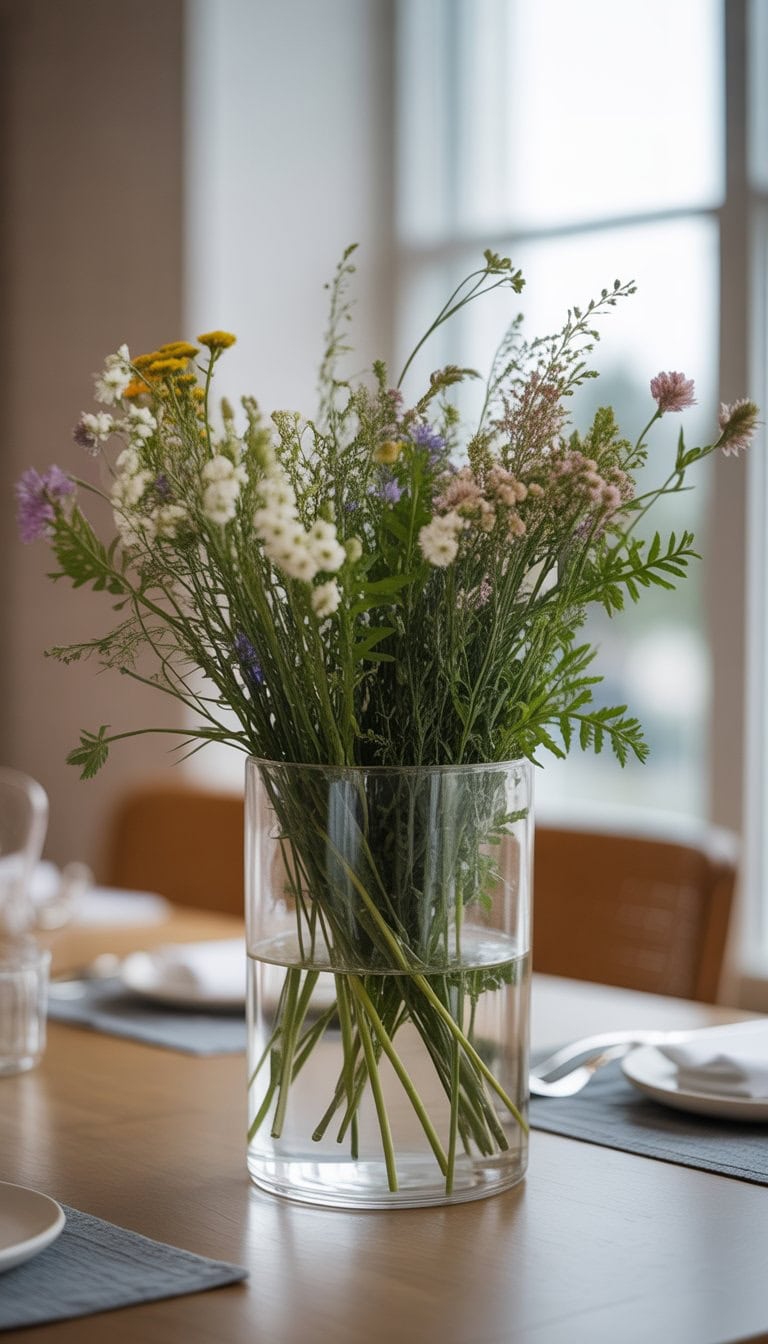 A clear glass cylinder vase filled with colorful fresh wildflowers placed on a wooden dining table.